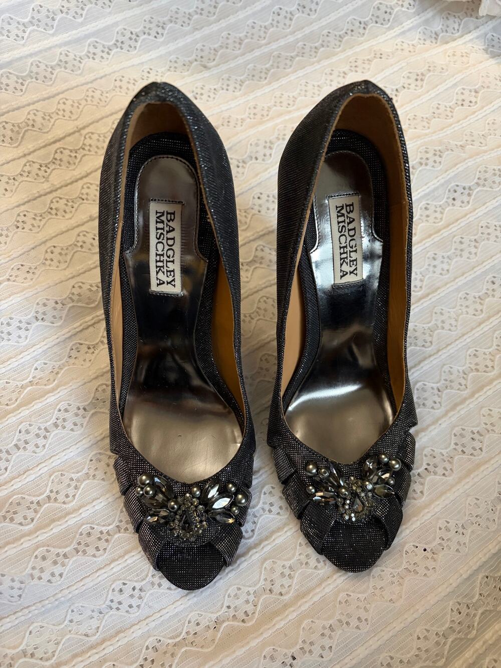 Badgley Mischka Embellished Peep Toe Pumps Metallic Heels Womens 8.5M